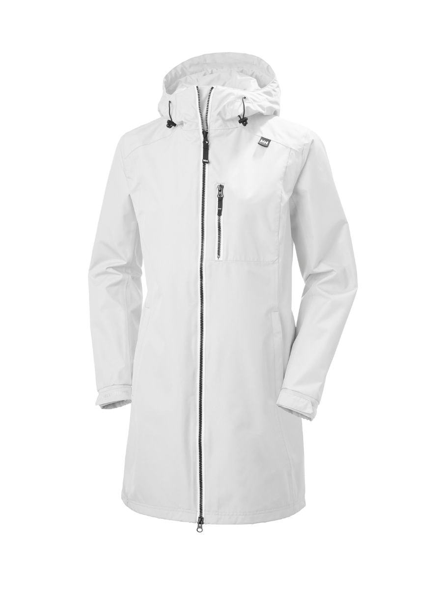 Helly Hansen Belfast ¾ Jacket in white, waterproof outerwear with hood and zippered pockets by Helly Hansen.