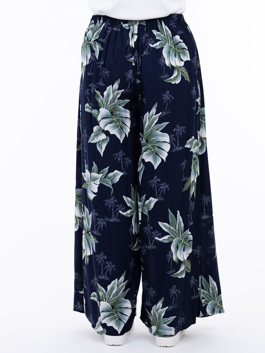 Shannon Passero Breezy Palms Wrap Pant in navy with botanical print by SHANNON PASSERO INC, lightweight and flowy design
