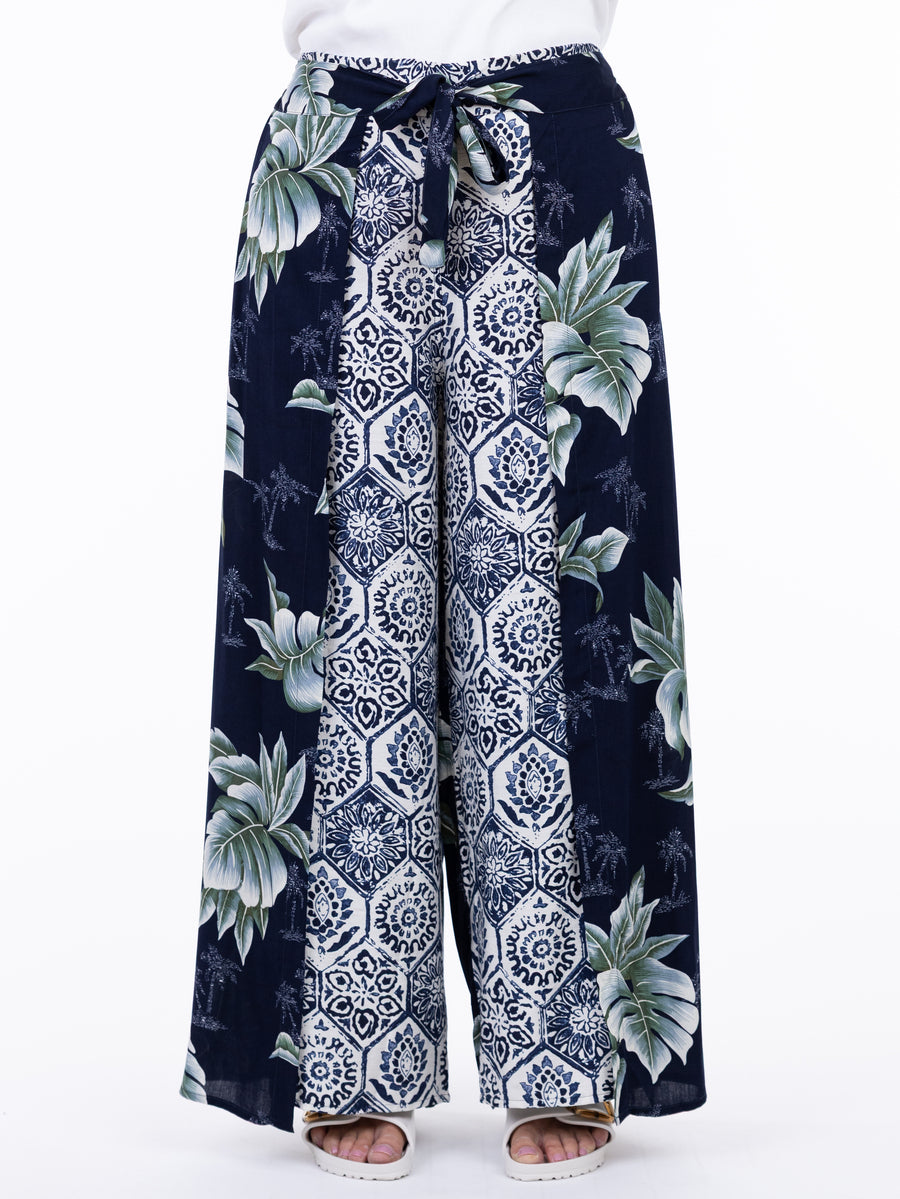 Shannon Passero Breezy Palms Wrap Pant in navy with tropical and geometric patterns by SHANNON PASSERO INC