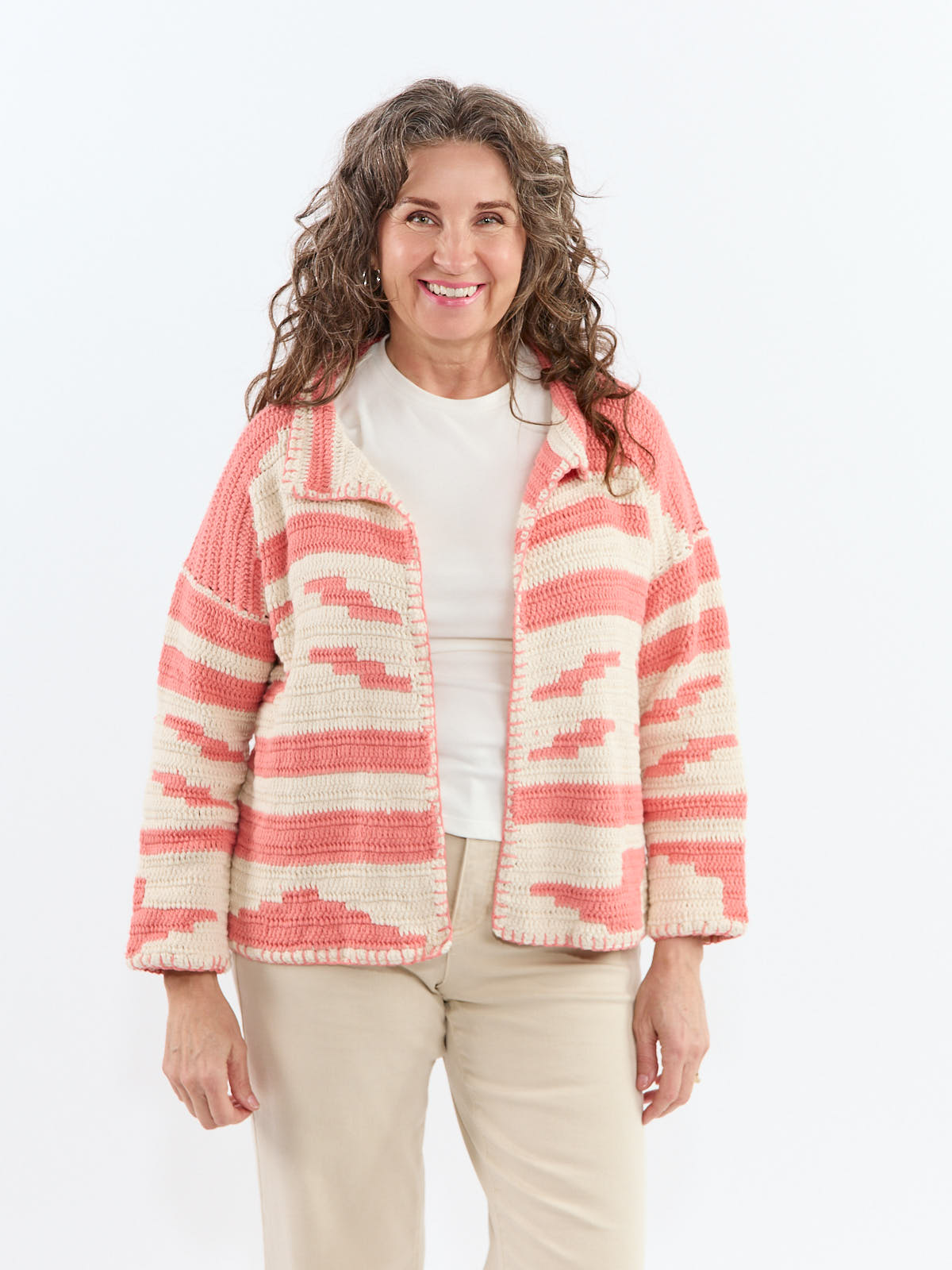Shannon Passero Mosaic Open Cardigan in soft cream and coral knit sweater outerwear from SHANNON PASSERO INC