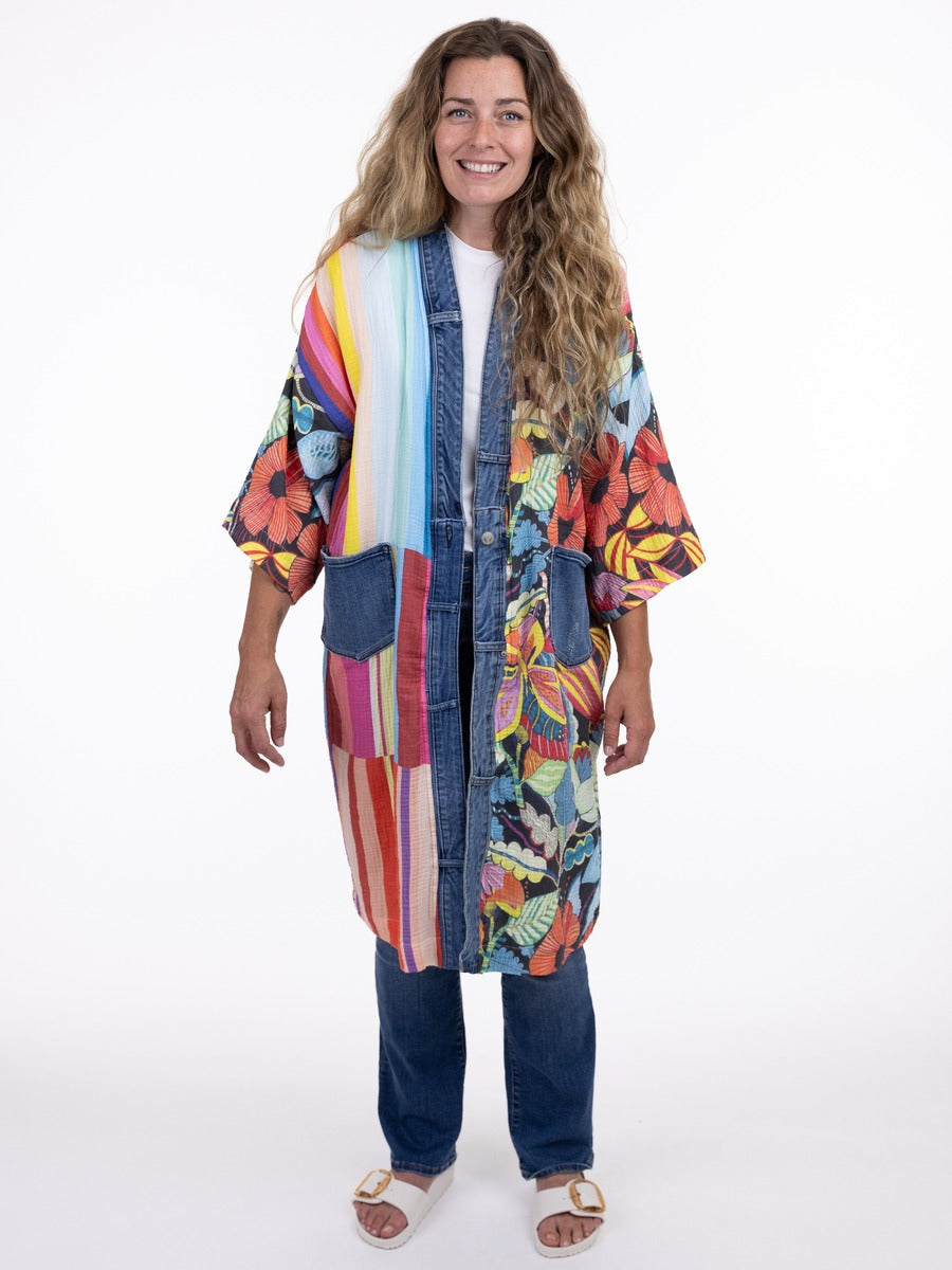 Shannon Passero Mabel Serendipity Kimono by SHANNON PASSERO INC with vibrant floral and striped patterns and denim trim pockets.