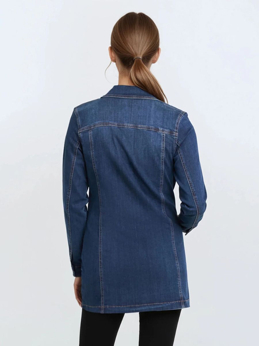 Dark blue long denim jacket with seam details on a model shown from the back against a plain background