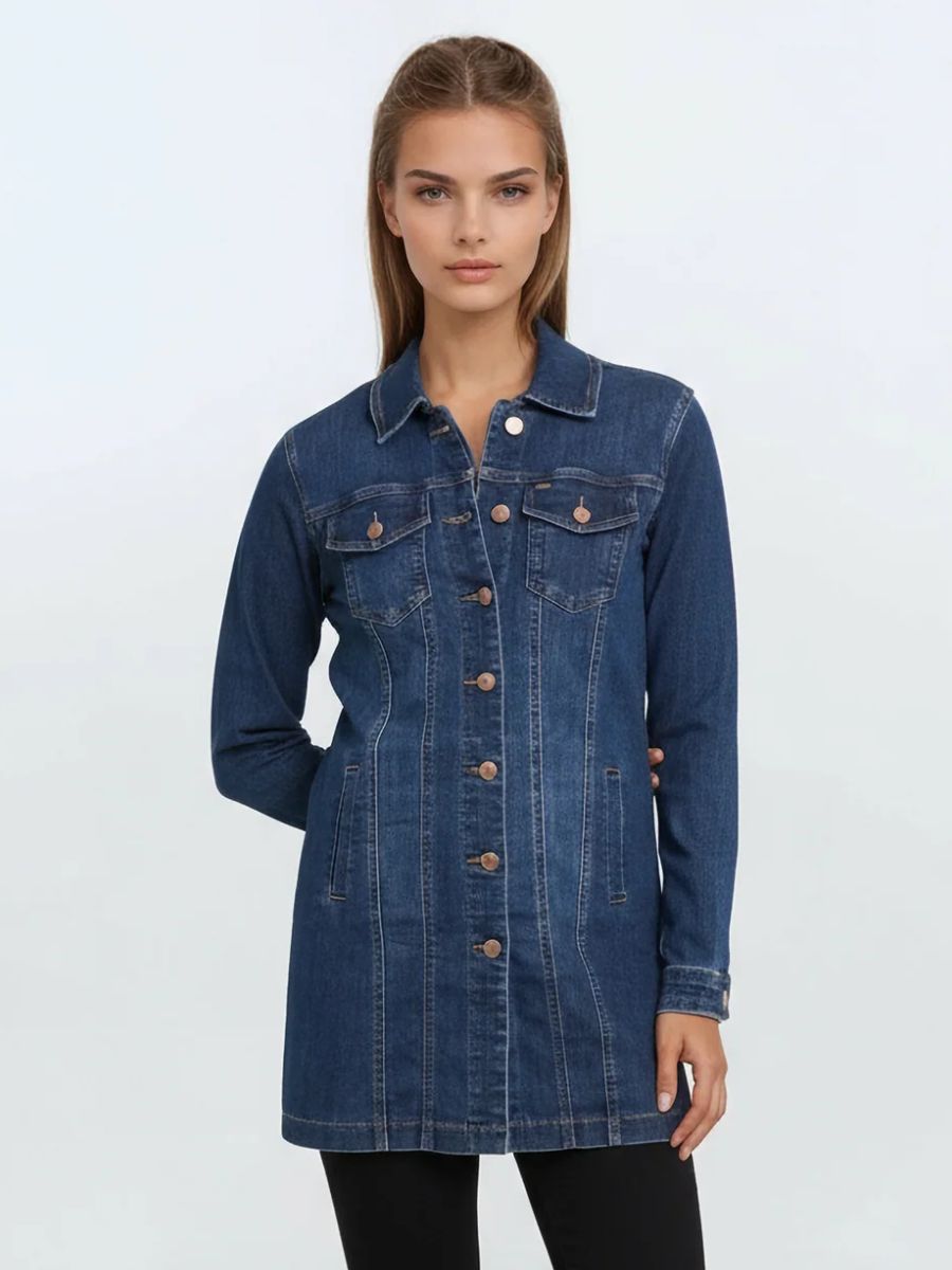 Dark blue denim outerwear with button closure and pockets, the Lois Anna Denim Jacket by Lois in a classic style