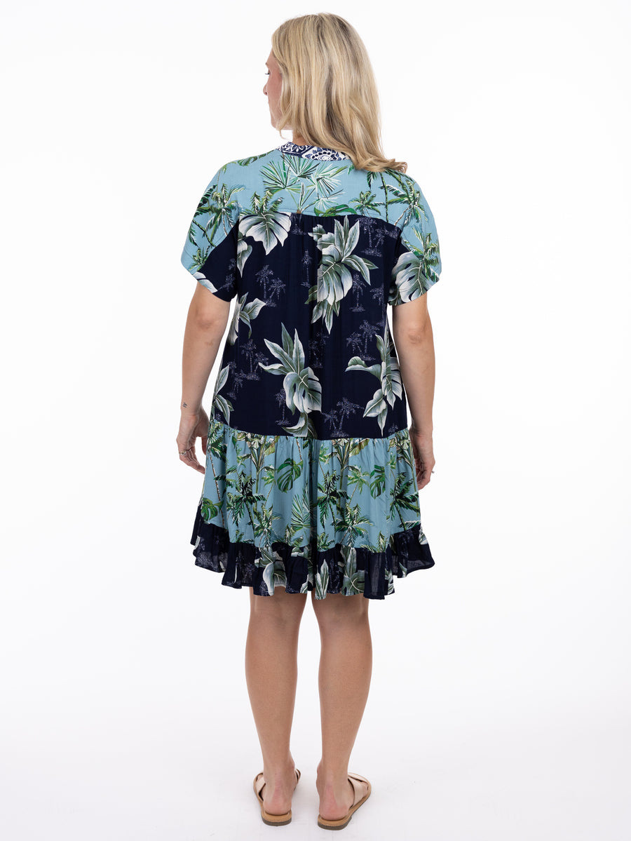 Back view of Shannon Passero Coastal Palms Dress with blue and navy tropical print by SHANNON PASSERO INC.