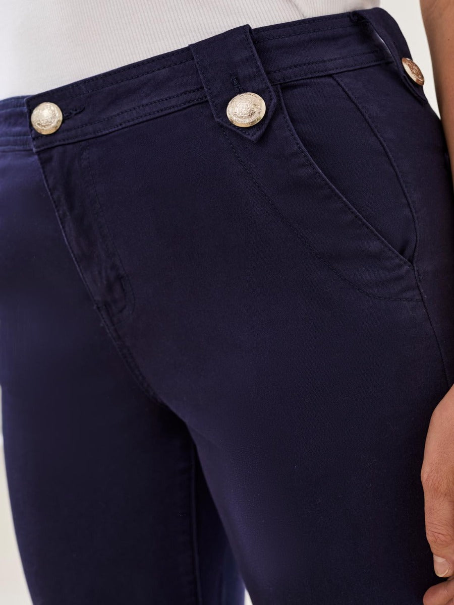 Close-up of navy fabric and gold buttons on Tribal Brooke Marine 29" Palazzo Pants by Tribal Sportswear Inc.