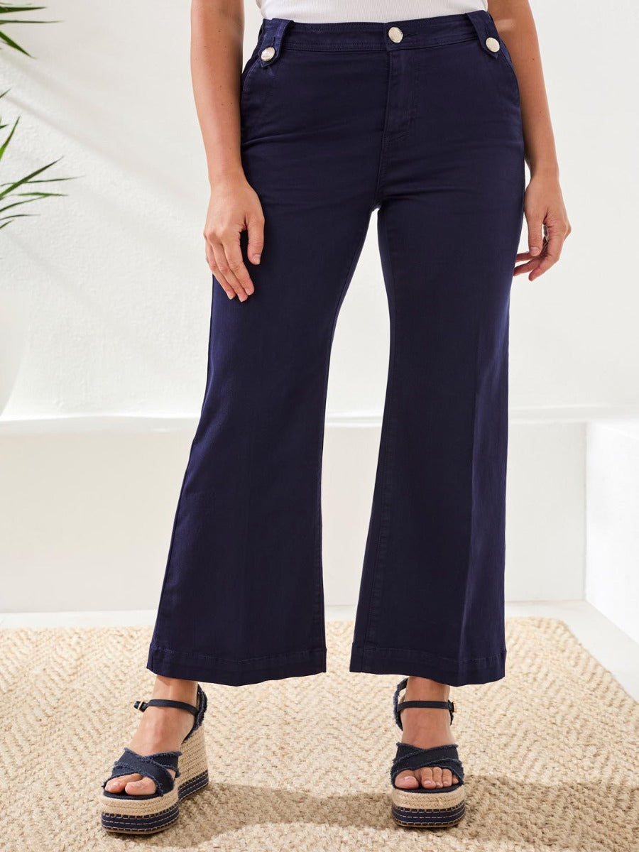 Tribal Brooke Marine 29" Palazzo Pants in navy blue by Tribal Sportswear Inc. styled with platform sandals.
