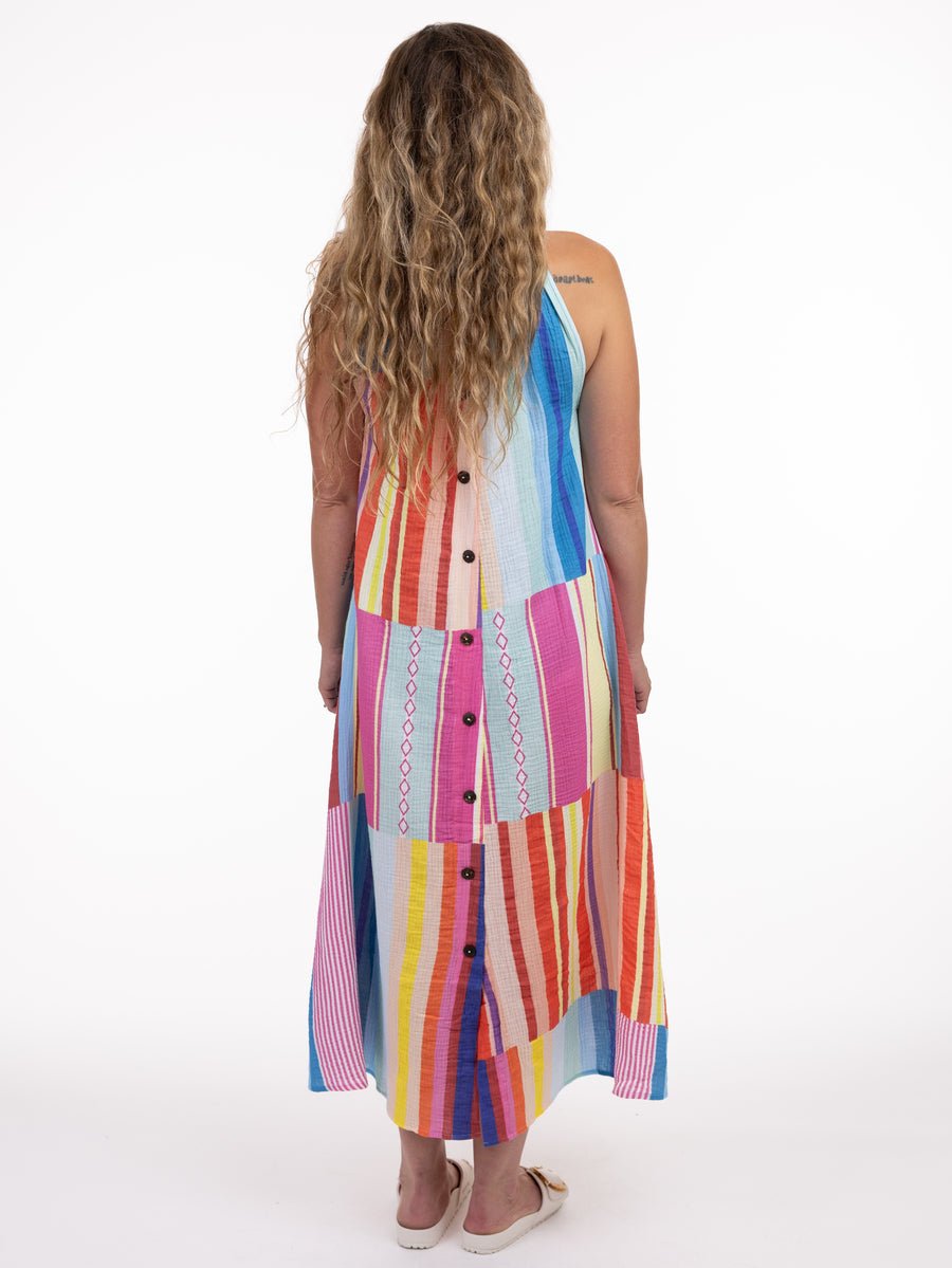 Shannon Passero Solar Stripe Sleeveless Maxi Dress by SHANNON PASSERO INC in multicolor striped fabric with back buttons.