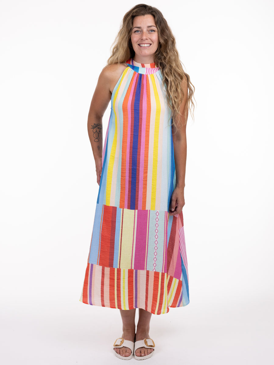 SHANNON PASSERO INC Shannon Passero Solar Stripe Sleeveless Maxi Dress with vibrant multicolor stripes and halter neck design