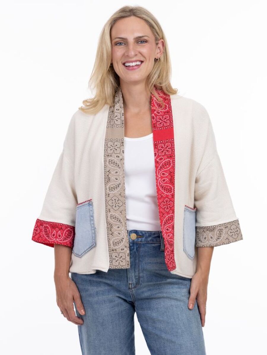 Shannon Passero Bandana Open Cardigan in cream with red and beige bandana trim, denim pockets by SHANNON PASSERO INC