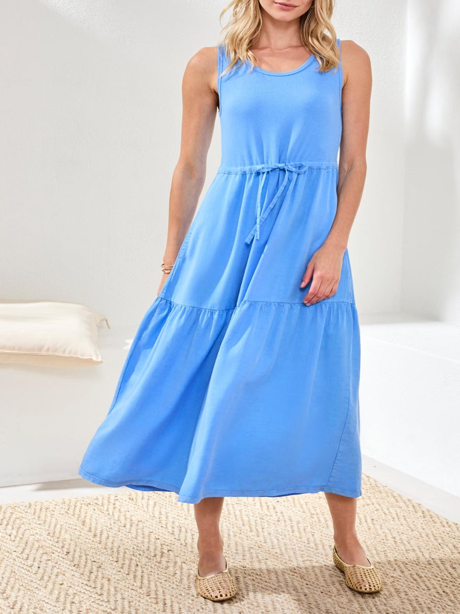 Tribal Casual Chic Mixed Media Midi Dress in blue by Tribal Sportswear Inc., sleeveless with a tied waist detail.