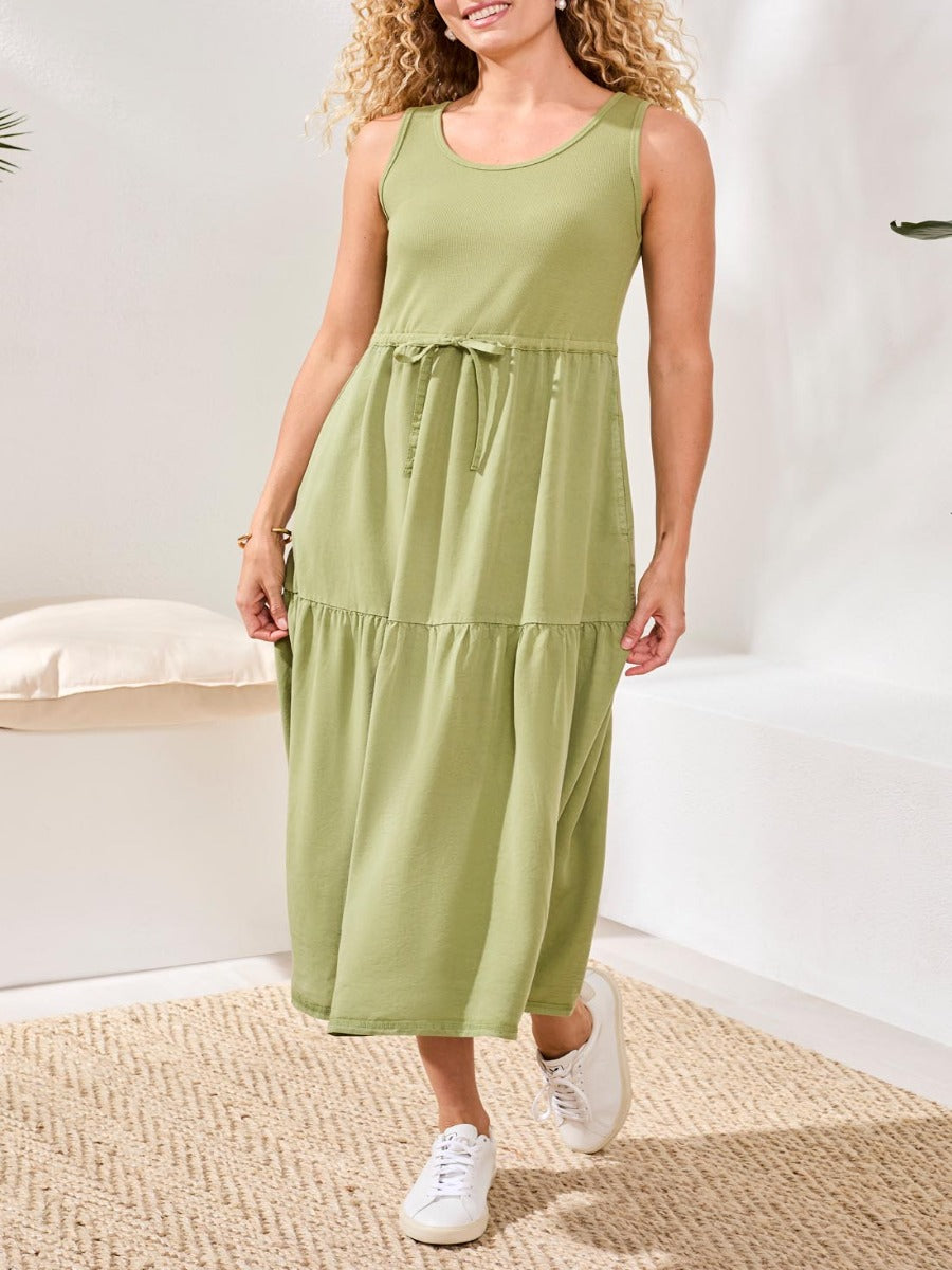 Tribal Casual Chic Mixed Media Midi Dress in light green by Tribal Sportswear Inc., styled with white sneakers indoors.