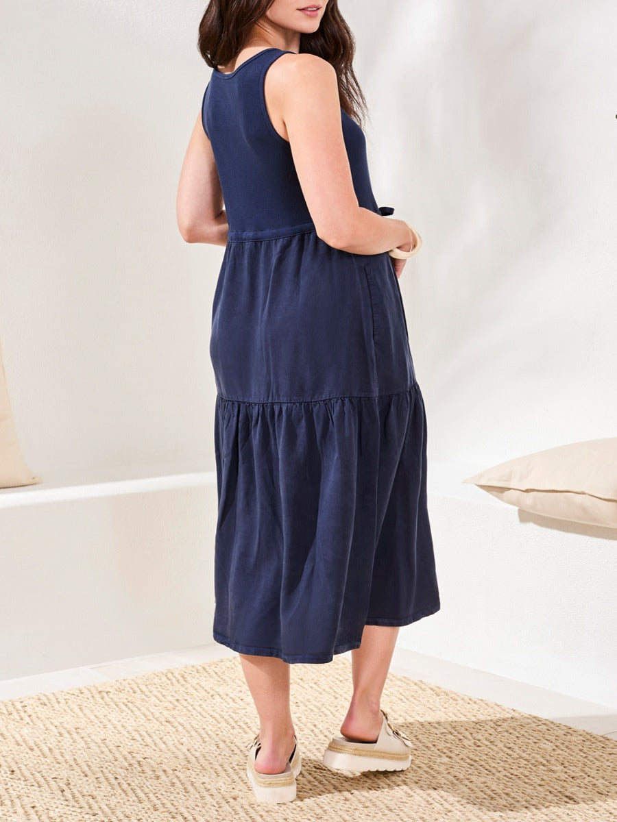 Tribal Casual Chic Mixed Media Midi Dress in navy, sleeveless design by Tribal Sportswear Inc. shown from the back.