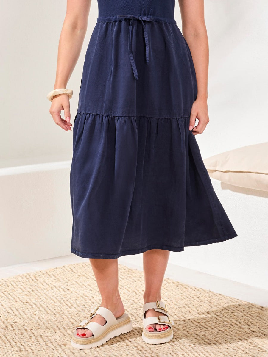 Tribal Casual Chic Mixed Media Midi Dress in navy blue, styled with sandals, from Tribal Sportswear Inc.