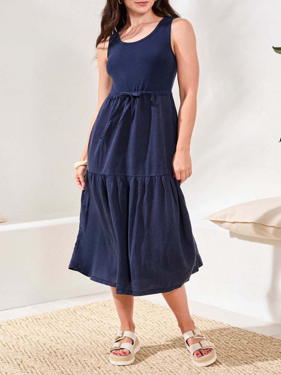 Tribal Casual Chic Mixed Media Midi Dress in navy blue by Tribal Sportswear Inc., sleeveless with tiered skirt design.