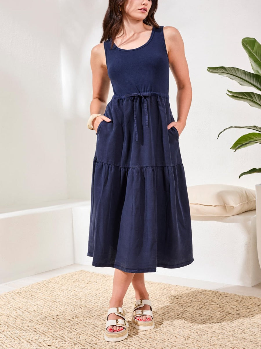 Navy sleeveless midi dress with drawstring waist and pockets, Tribal Casual Chic Mixed Media Midi Dress by Tribal Sportswear Inc.