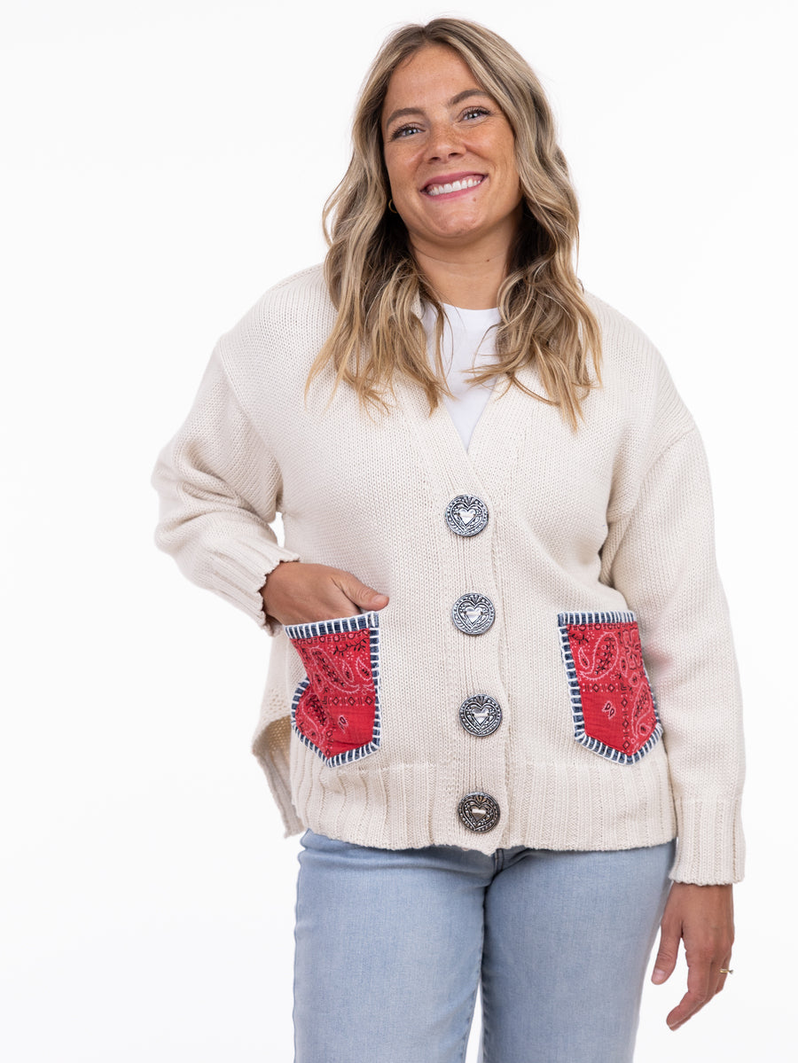 Shannon Passero Groove Back Flower Pocket Cardigan in cream with red floral pockets by SHANNON PASSERO INC sweater outerwear
