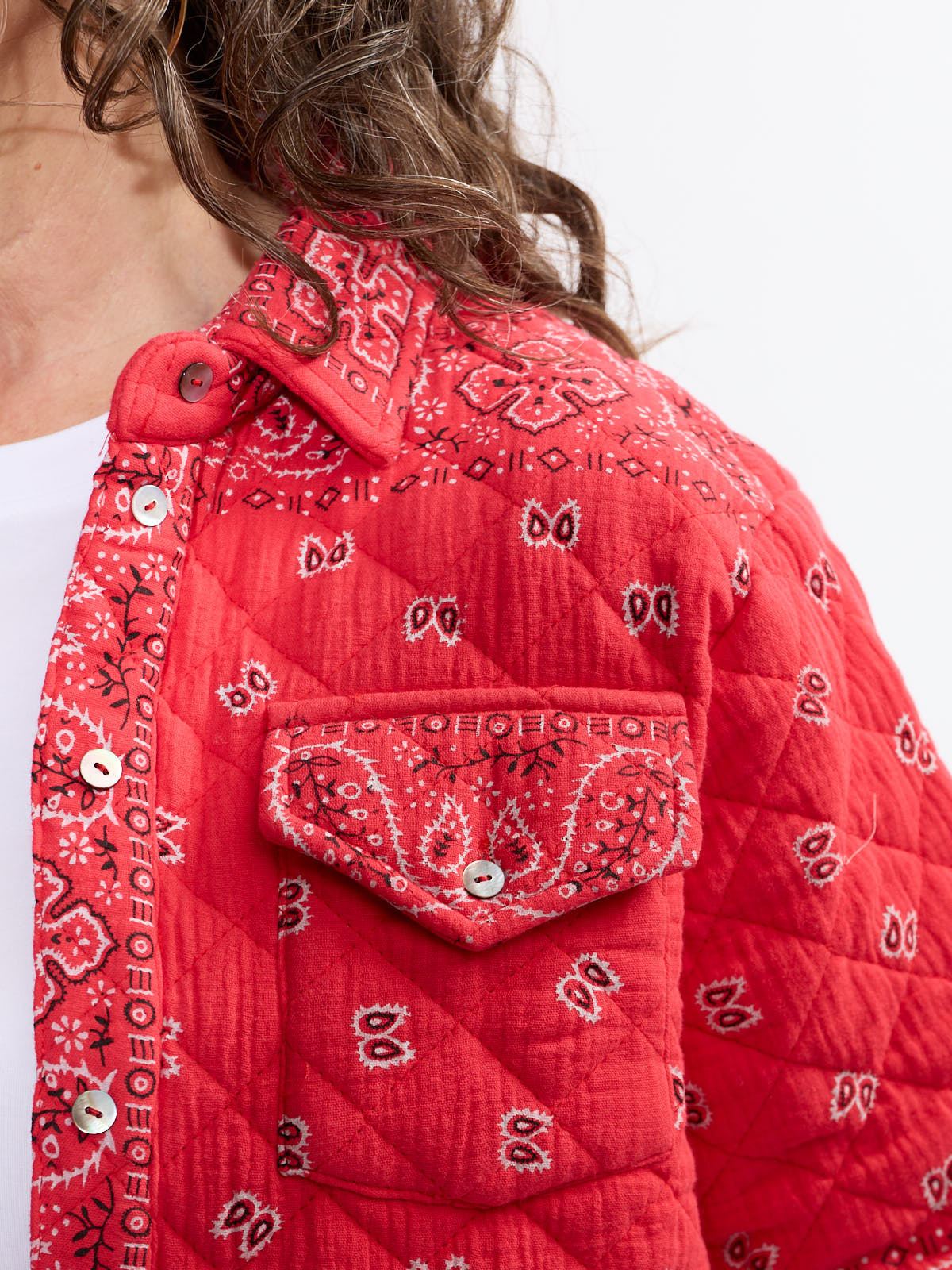 Close-up of red Shannon Passero Bandana Quilted Shacket with paisley print and silver snap buttons by SHANNON PASSERO INC