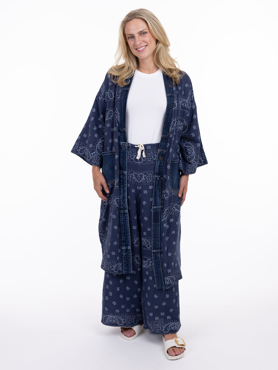 SHANNON PASSERO BANDANA OS LONG KIMONO by SHANNON PASSERO INC in navy with bandana print outerwear and matching pants