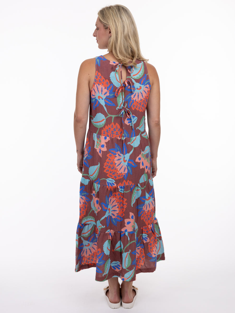 SHANNON PASSERO INC Shannon Passero Bali Gauze Tie Back Maxi Dress with vibrant floral pattern and tiered hem, back view.