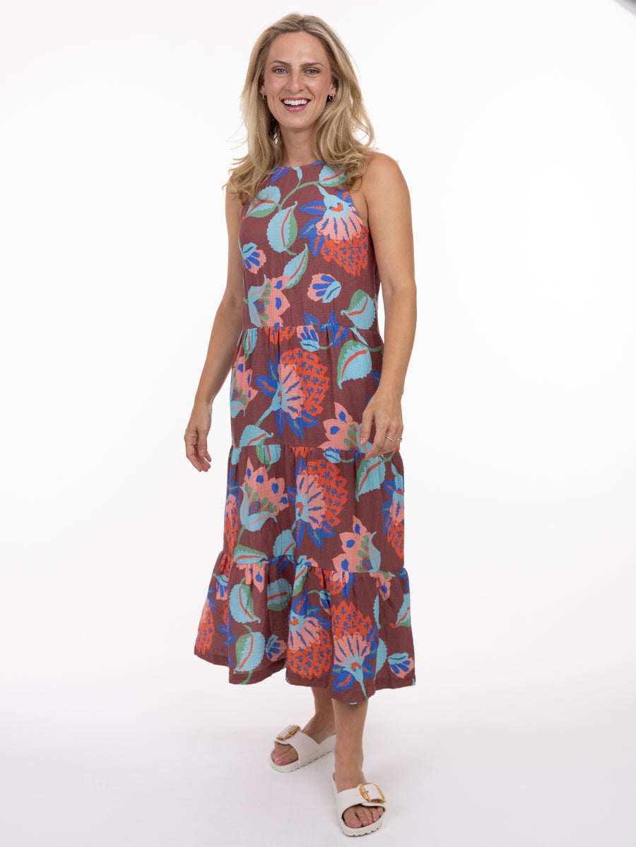 Shannon Passero Bali Gauze Tie Back Maxi Dress with colorful floral print, designed by SHANNON PASSERO INC.