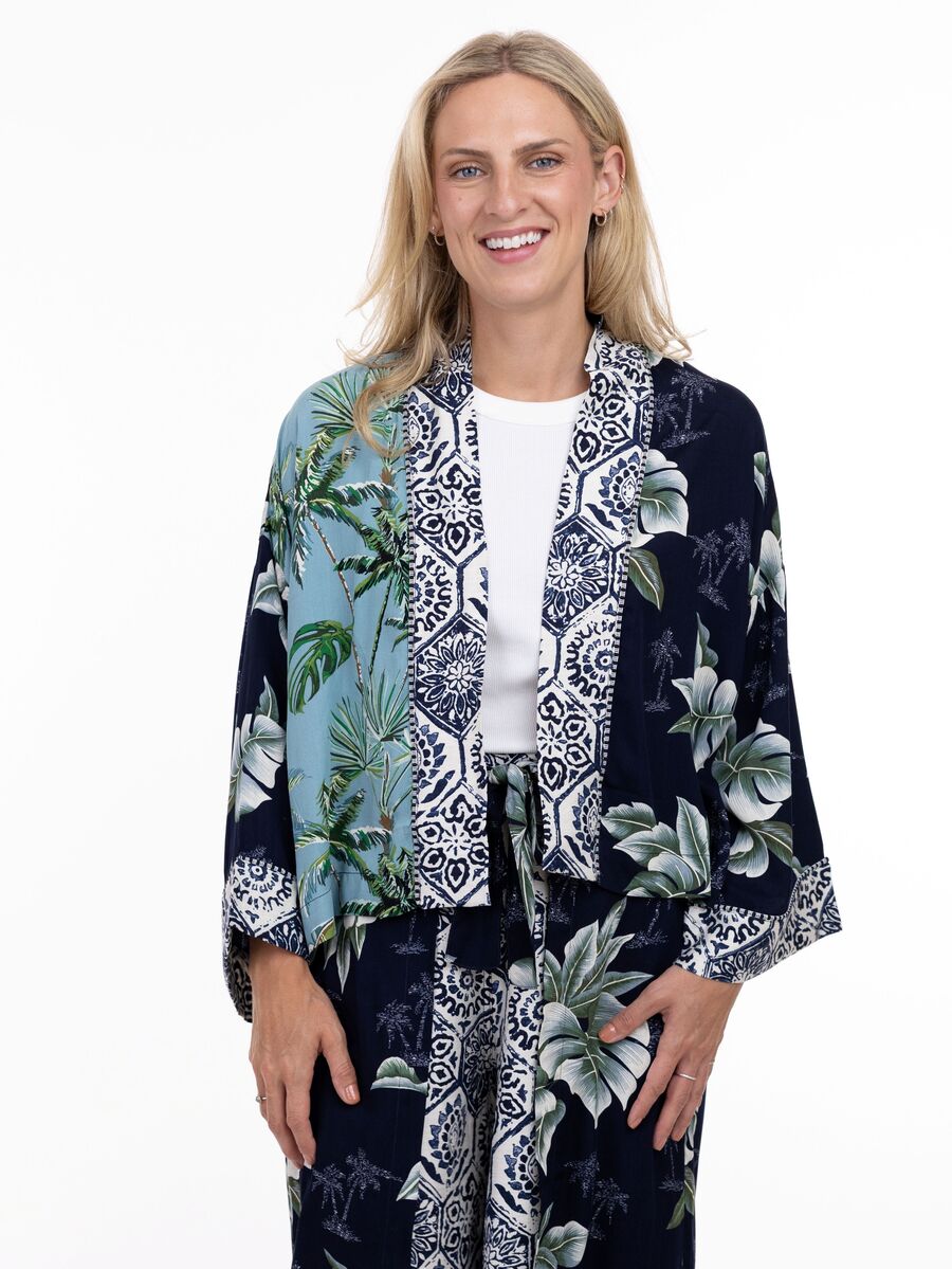 SHANNON PASSERO INC Shannon Passero Palm Open Cardigan with blue and green tropical print, lightweight sweater outerwear