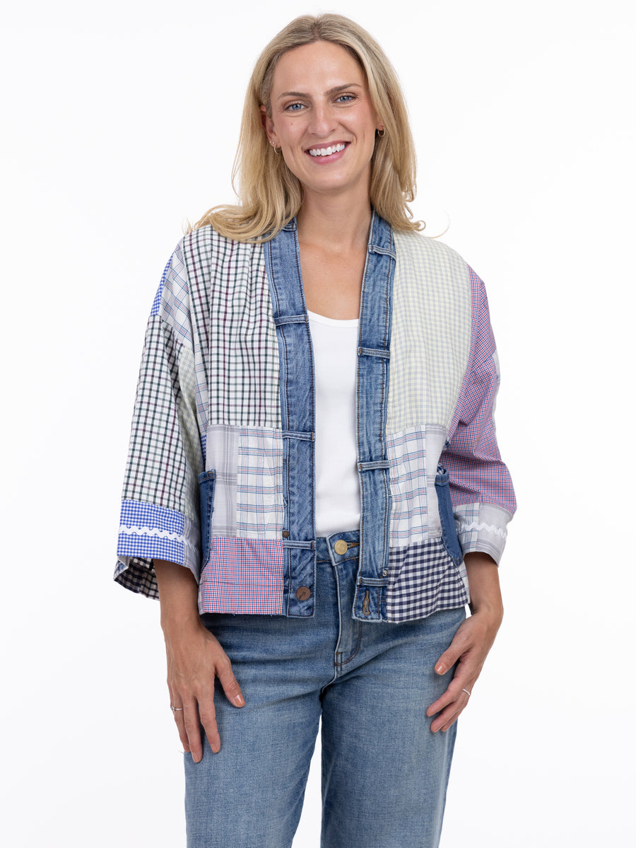Shannon Passero Zoe PJ Short Kimono by SHANNON PASSERO INC, a patchwork denim-trimmed outerwear jacket.