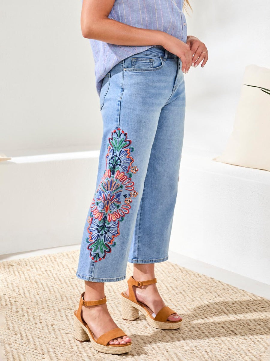 Tribal Ray of Colour Audrey Embroidered 25" Denim with colorful floral embroidery by Tribal Sportswear Inc.