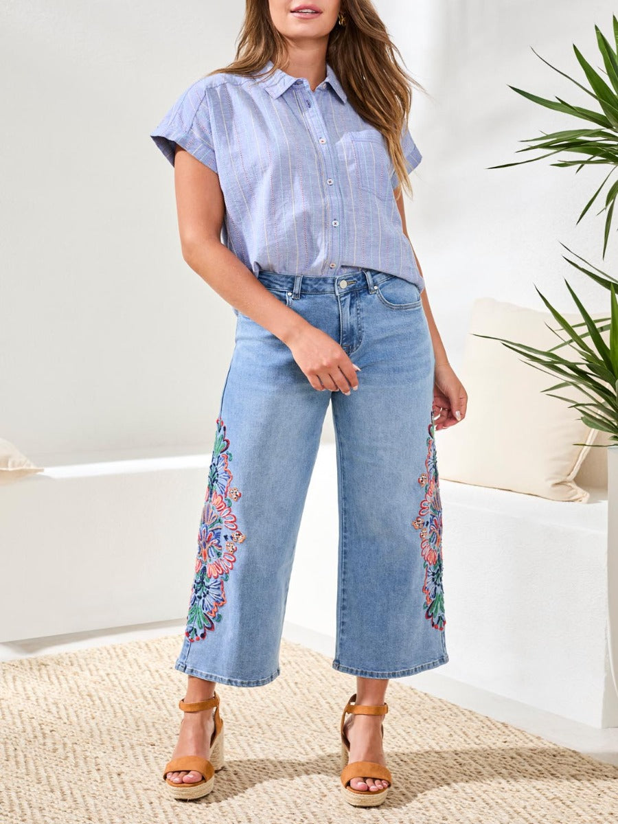Tribal Ray of Colour Audrey Embroidered 25" Denim in light wash with colorful side embroidery by Tribal Sportswear Inc.