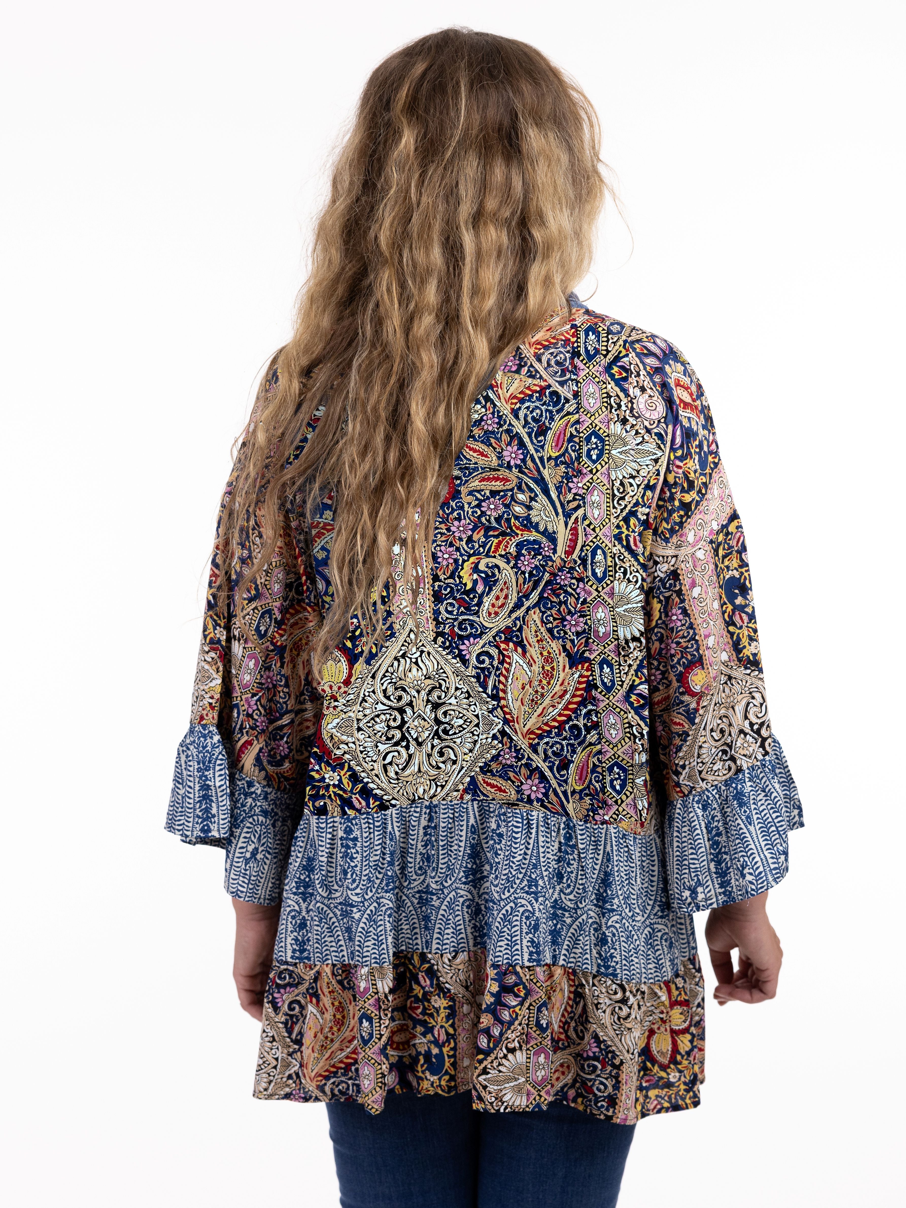 Shannon Passero Olivia OS Tiered Midi Kimono with intricate paisley and floral prints by SHANNON PASSERO INC