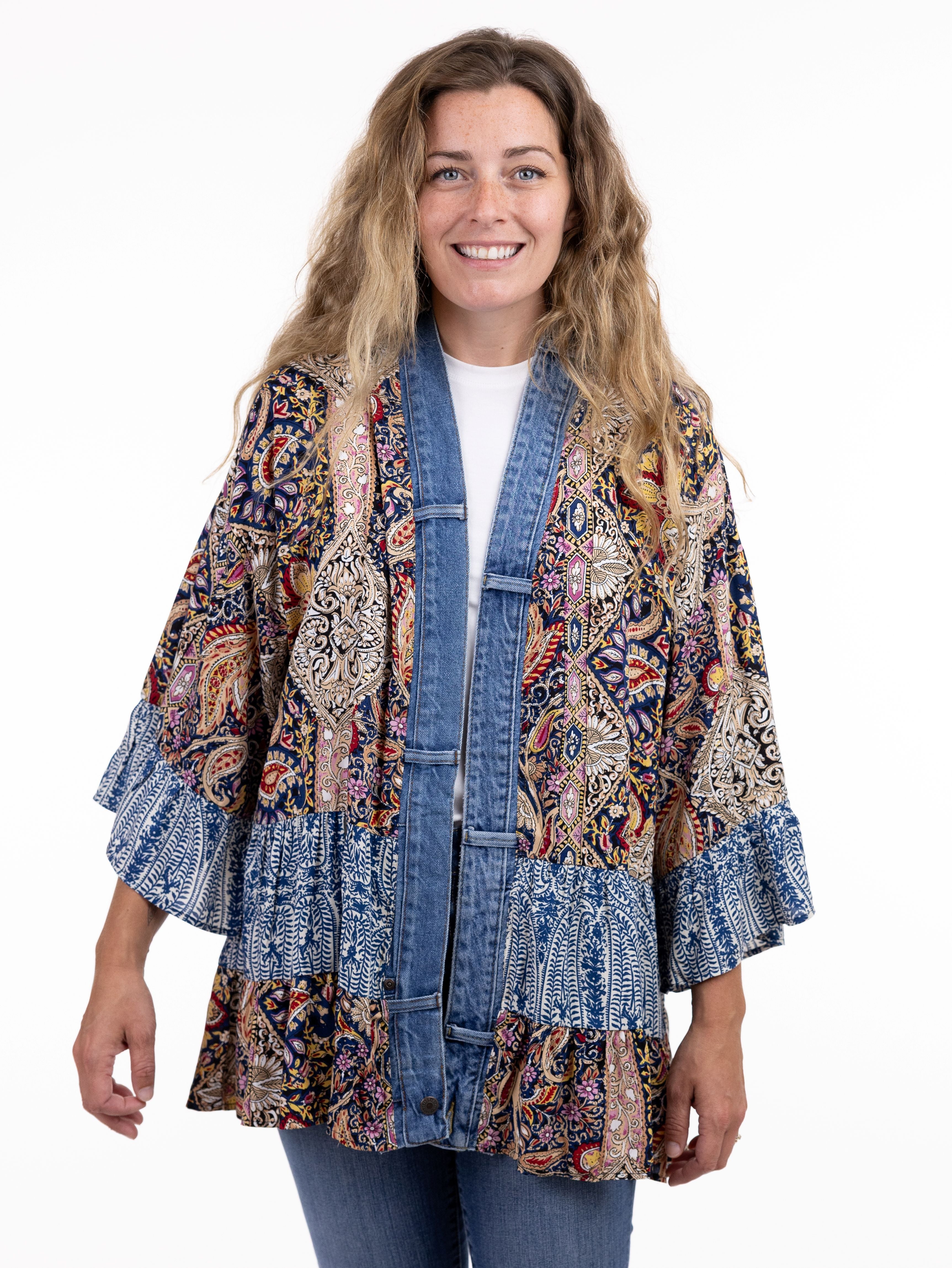Shannon Passero Olivia OS Tiered Midi Kimono with blue patchwork pattern by SHANNON PASSERO INC, stylish outerwear design