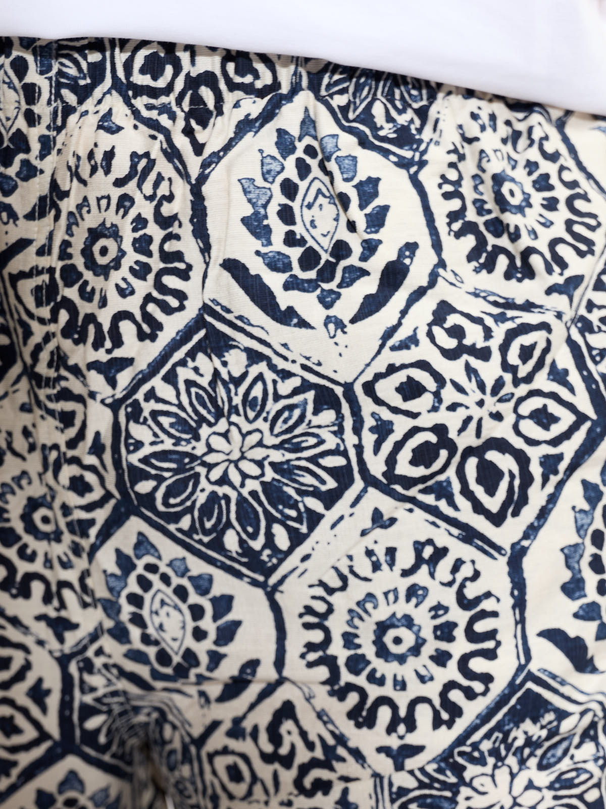 Close-up of blue and white patterned fabric detail on Shannon Passero Ellie Palms PO Crop Pant by SHANNON PASSERO INC