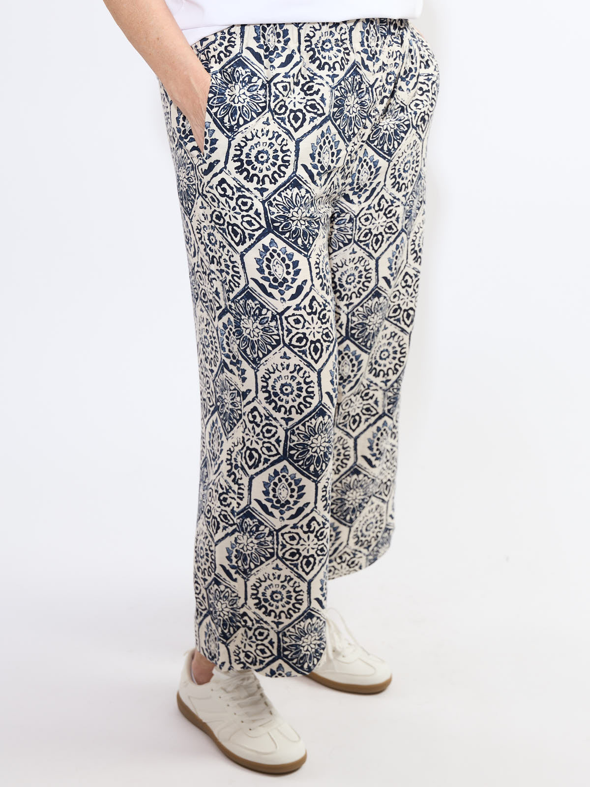 Shannon Passero Ellie Palms PO Crop Pant in navy floral tile print by SHANNON PASSERO INC with side pockets and relaxed fit