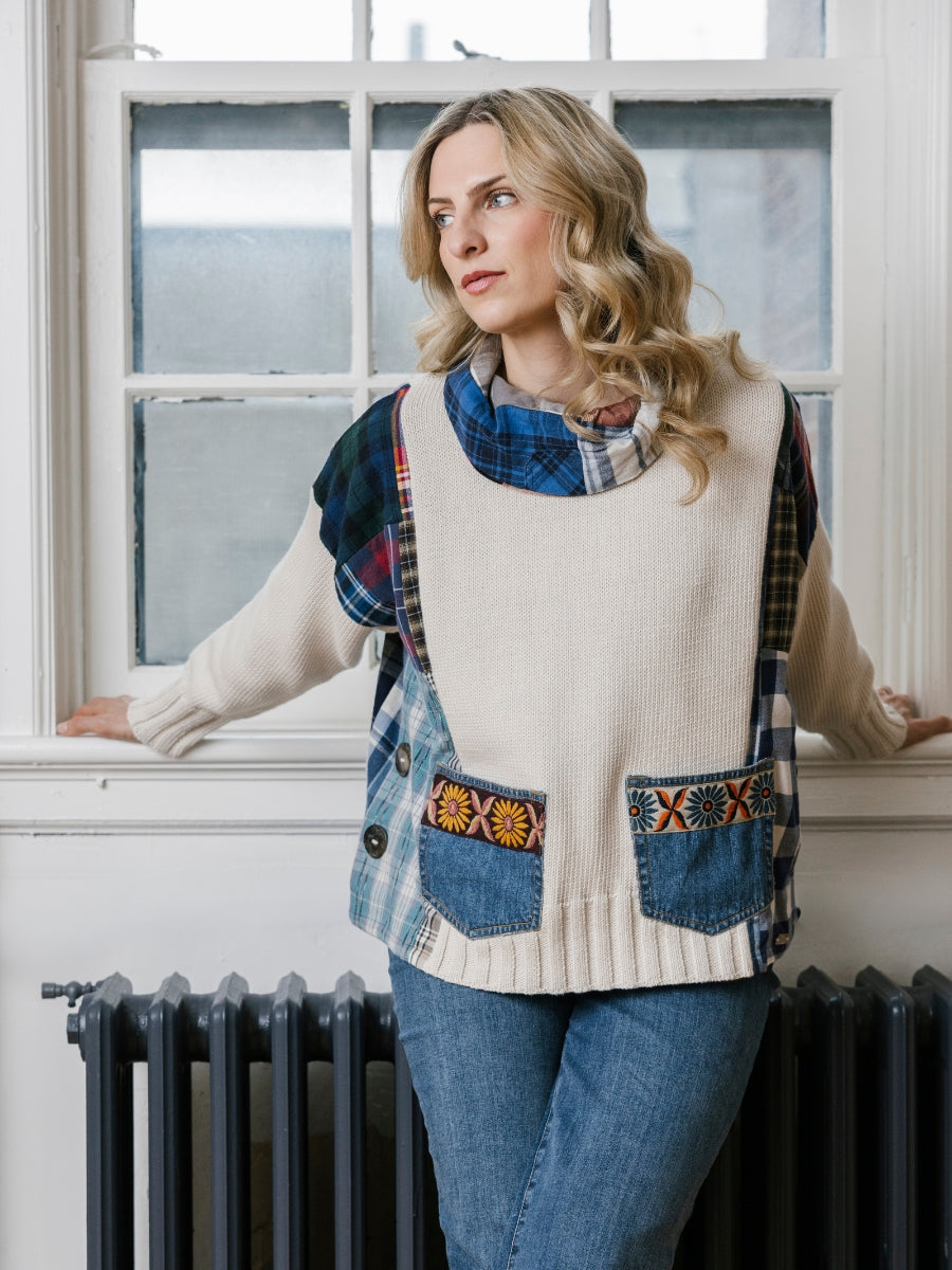 Shannon Passero Cottage Plaid Double Pocket Mock Neck Sweater
