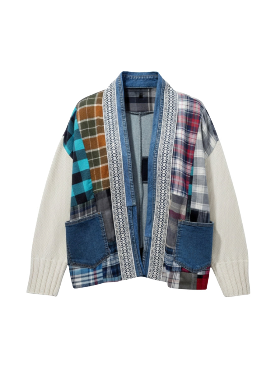 Open front cardigan with mixed plaid patterns, cream ribbed sleeves, denim trim, and large front pockets.