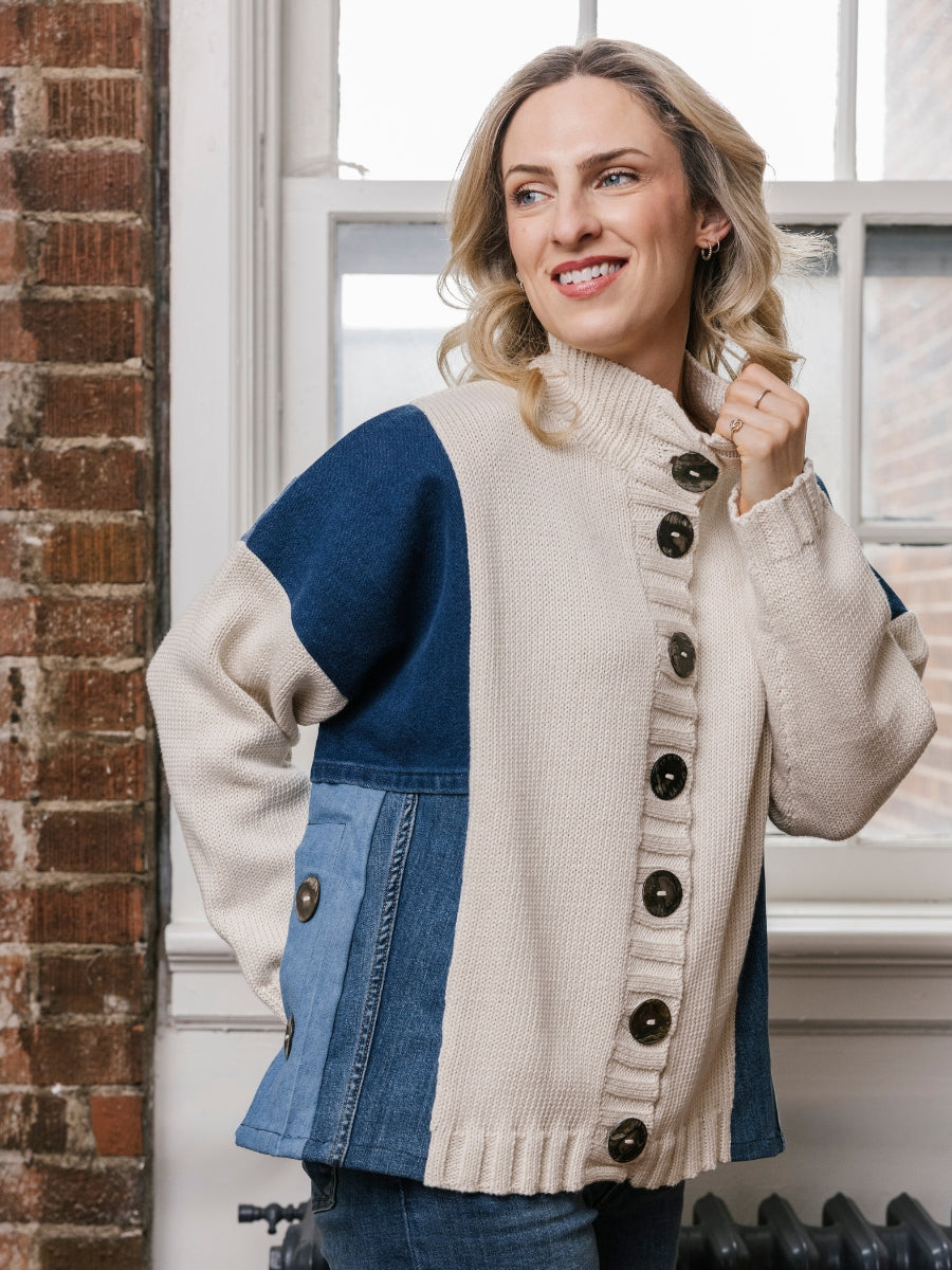 Shannon Passero Tia Denim Button Mock Neck Cardigan