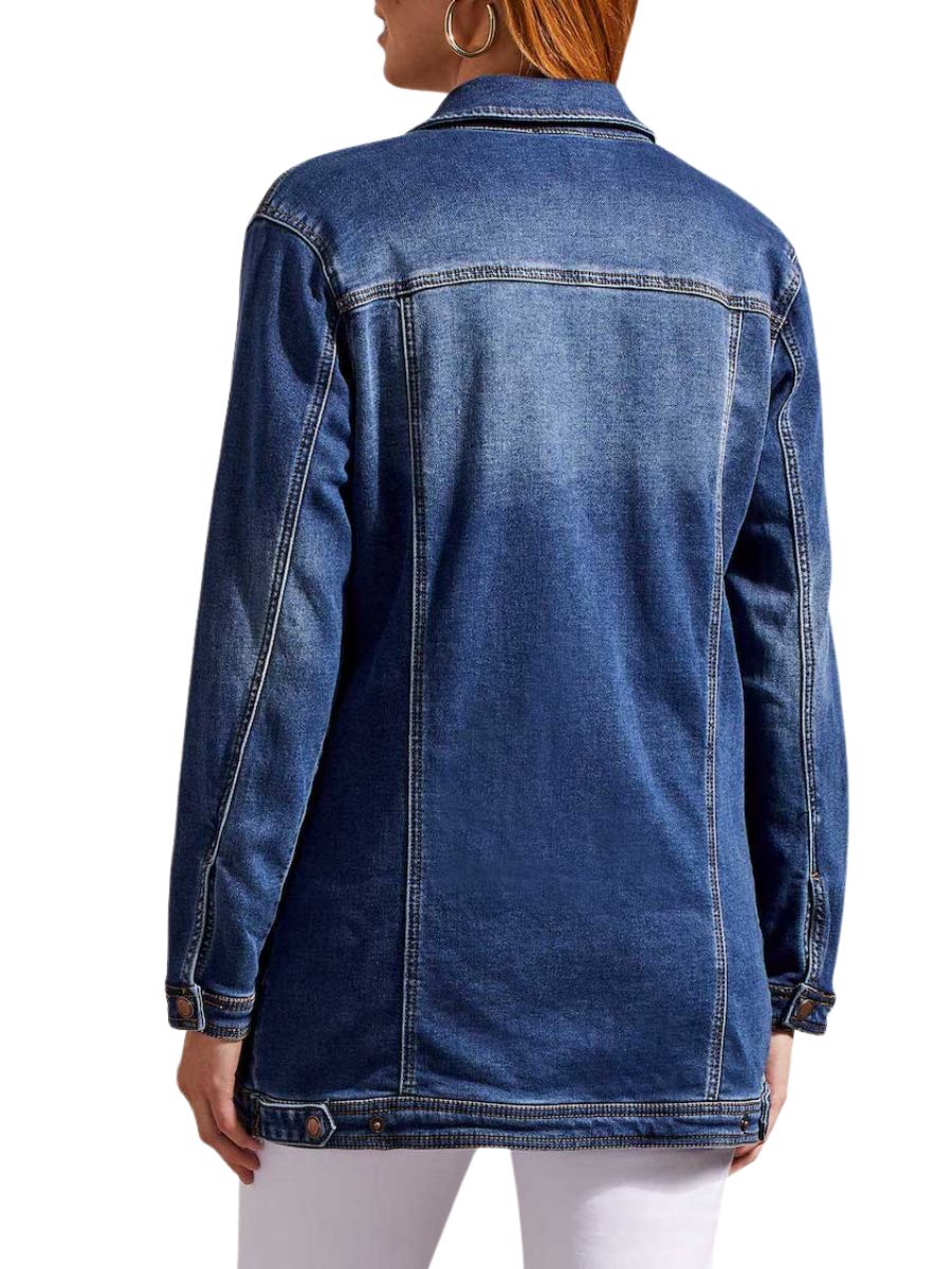 Back view of Tribal Maxi Denim Jacket by Tribal Sportswear Inc. in classic medium blue denim outerwear style.
