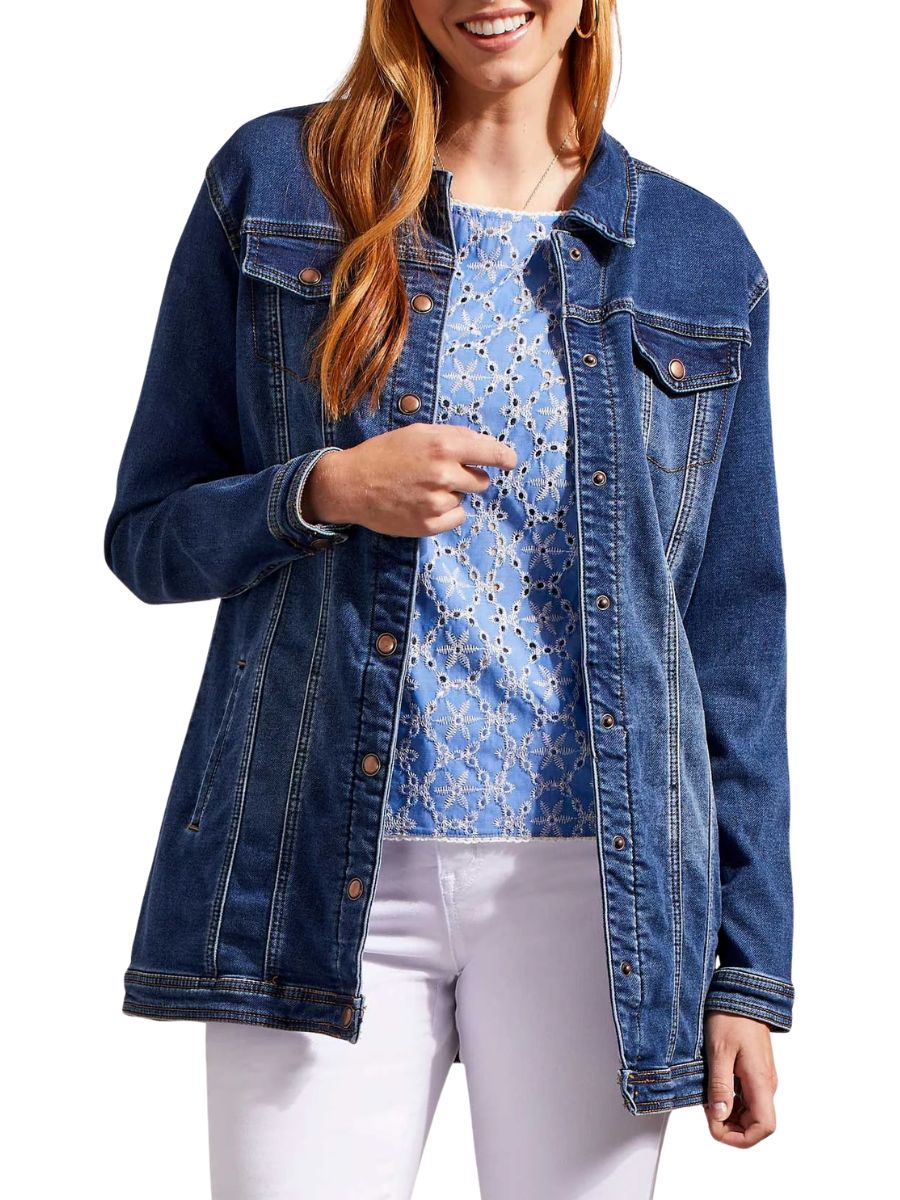 Tribal Maxi Denim Jacket from Tribal Sportswear Inc., classic blue denim outerwear with button details and long sleeves.