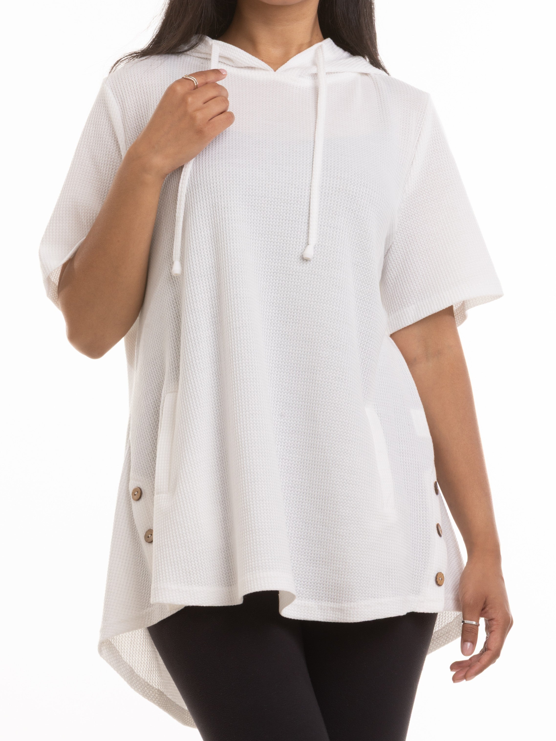 White Hooded Waffle Short Sleeve Casual Top by Nulook Fashions with button detail and kangaroo pocket.