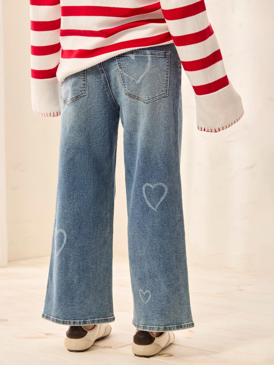 Tribal Playful Sophia Heart Print 28" Straight Jeans by Tribal Sportswear Inc. in blue denim with heart prints