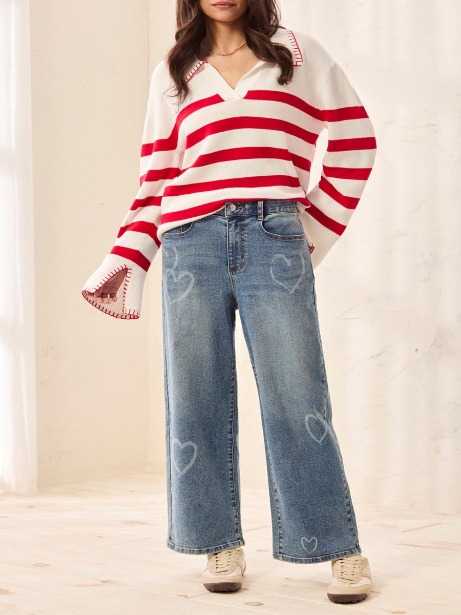 Tribal Playful Sophia Heart Print 28" Straight Jeans in denim with subtle heart prints by Tribal Sportswear Inc.