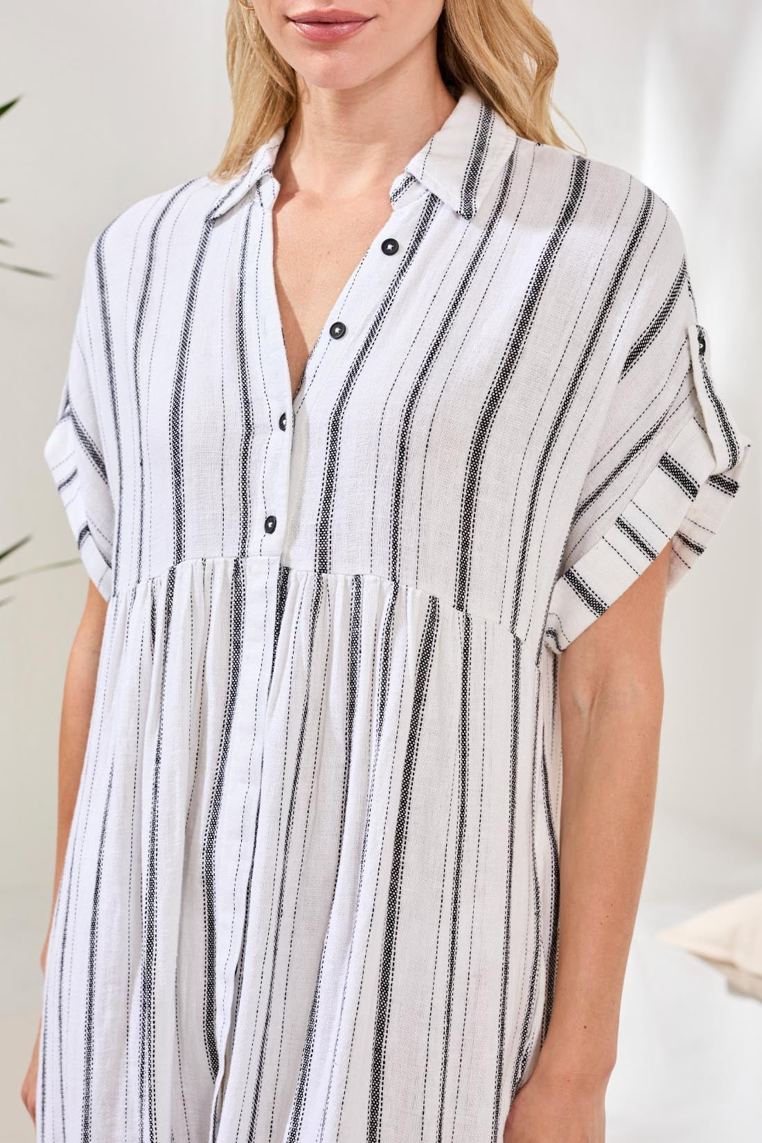 Tribal Prep & Petals Linen Stripe Dress in white and black vertical stripes by Tribal Sportswear Inc.