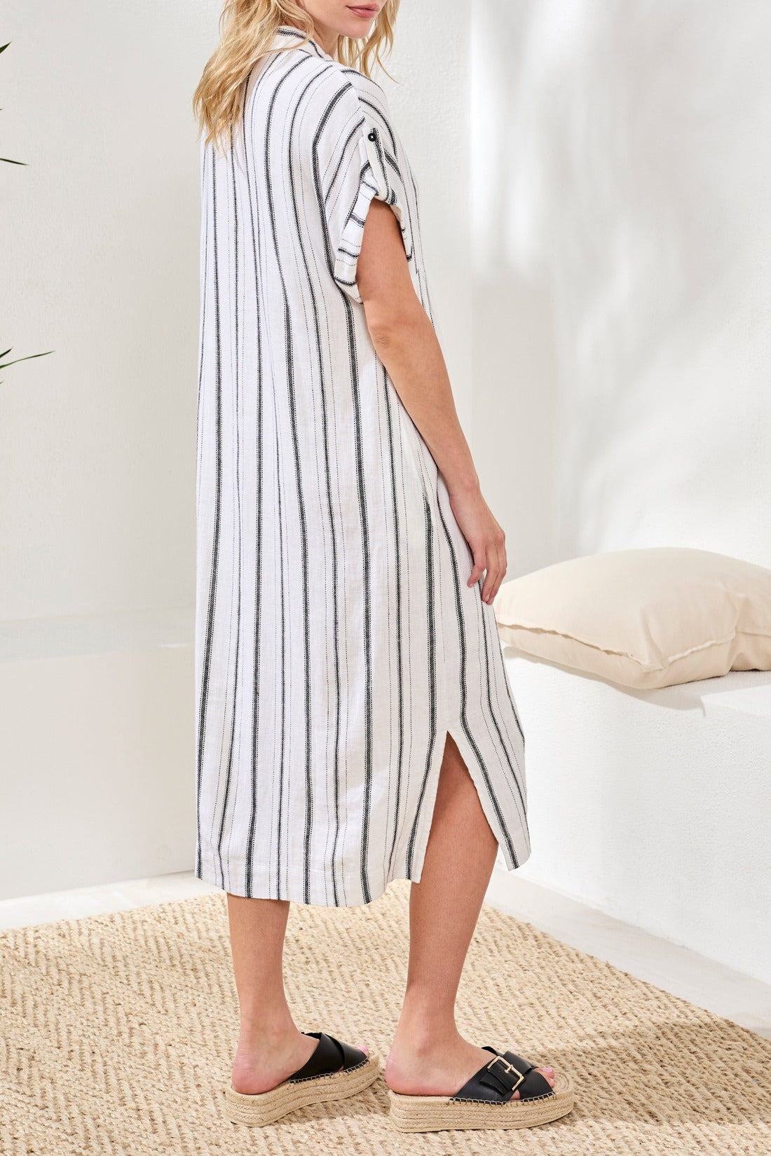 Tribal Prep & Petals Linen Stripe Dress by Tribal Sportswear Inc. in white with black vertical stripes and side slit