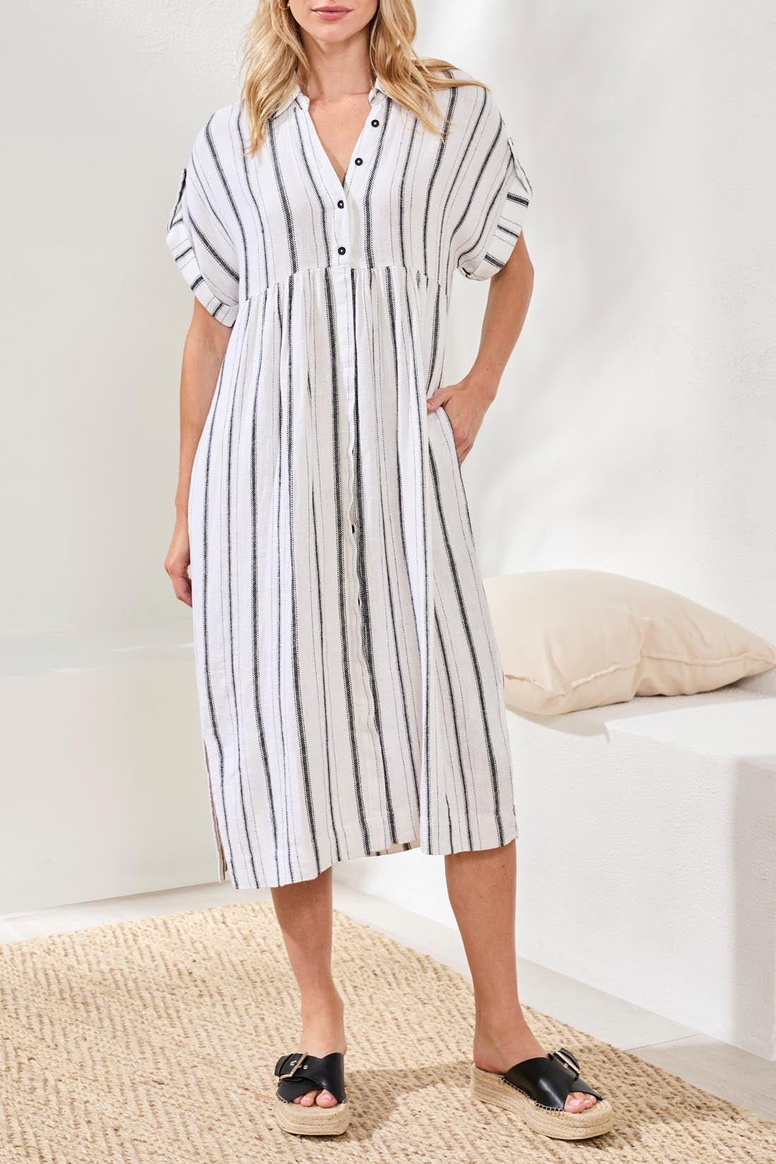 Tribal Prep & Petals Linen Stripe Dress by Tribal Sportswear Inc. in white linen with black stripes and button details