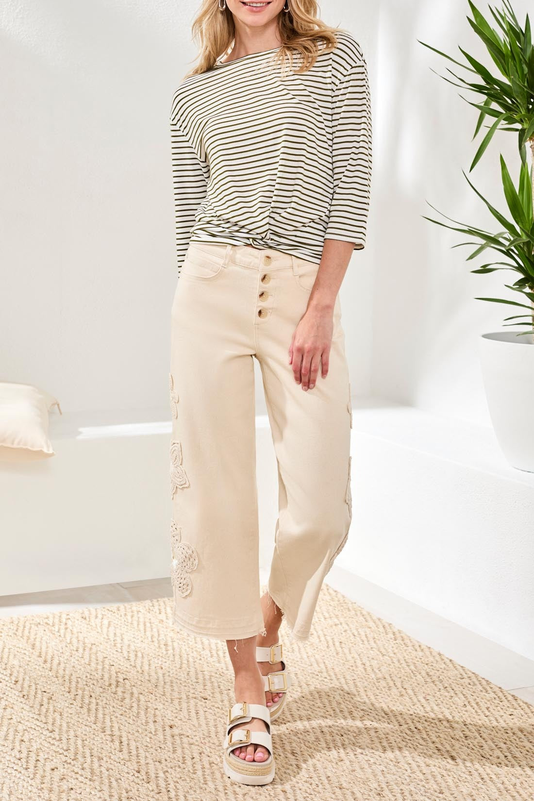 Tribal Lush Audrey Cropped 26" Wide-Leg Pants in light beige by Tribal Sportswear Inc. styled with striped top and sandals
