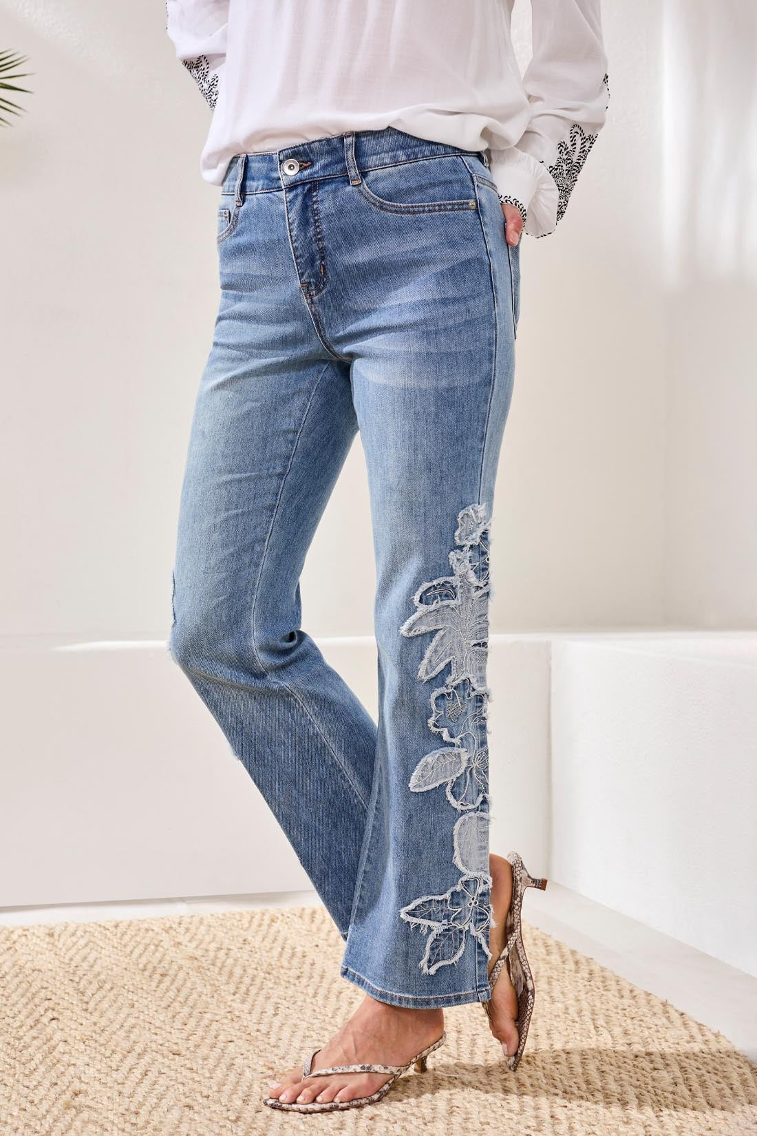 Tribal Lush Oasis Sophia Floral 31" Jeans with floral embroidery on denim by Tribal Sportswear Inc.