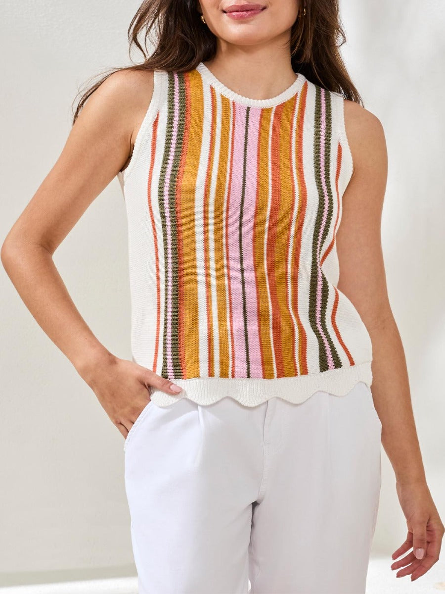 Tribal Lush Oasis Striped Sleeveless Sweater by Tribal Sportswear Inc. with colorful vertical stripes and scalloped hem