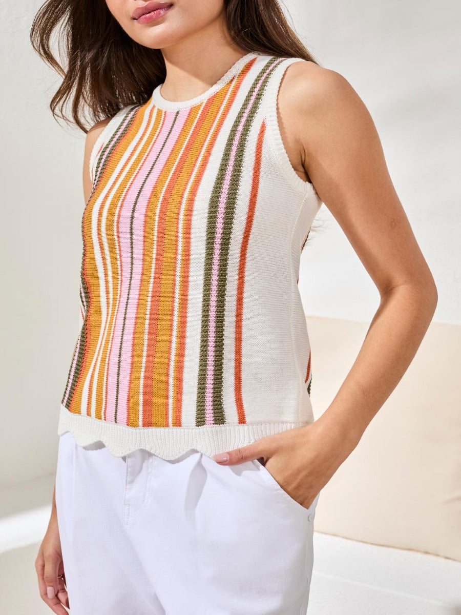 Tribal Lush Oasis Striped Sleeveless Sweater by Tribal Sportswear Inc. in soft eggshell with warm striped accents