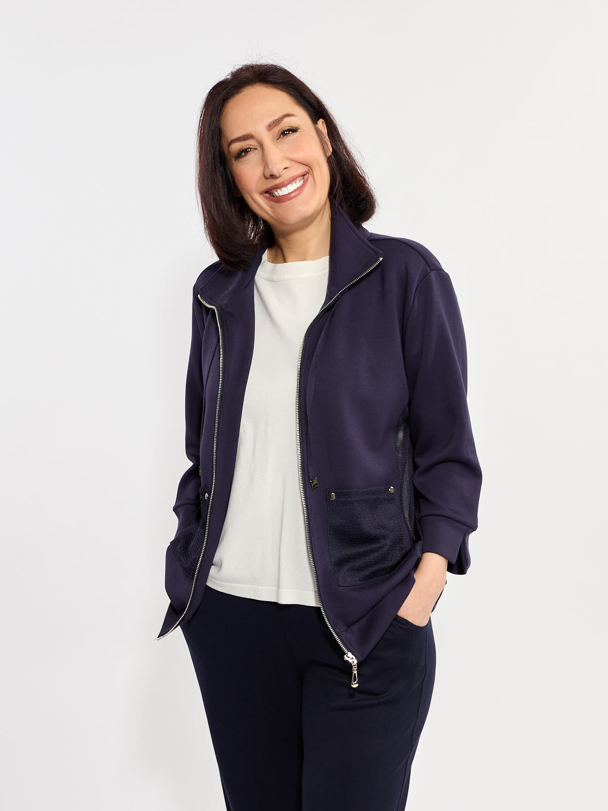 Nulook Fashions Summer Staple Zip Front Jacket in navy, casual outerwear with zippered pockets and relaxed fit