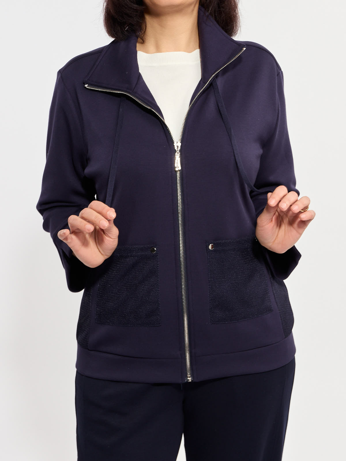 Navy Summer Staple Zip Front Jacket from Nulook Fashions with front pockets and silver zipper closure.