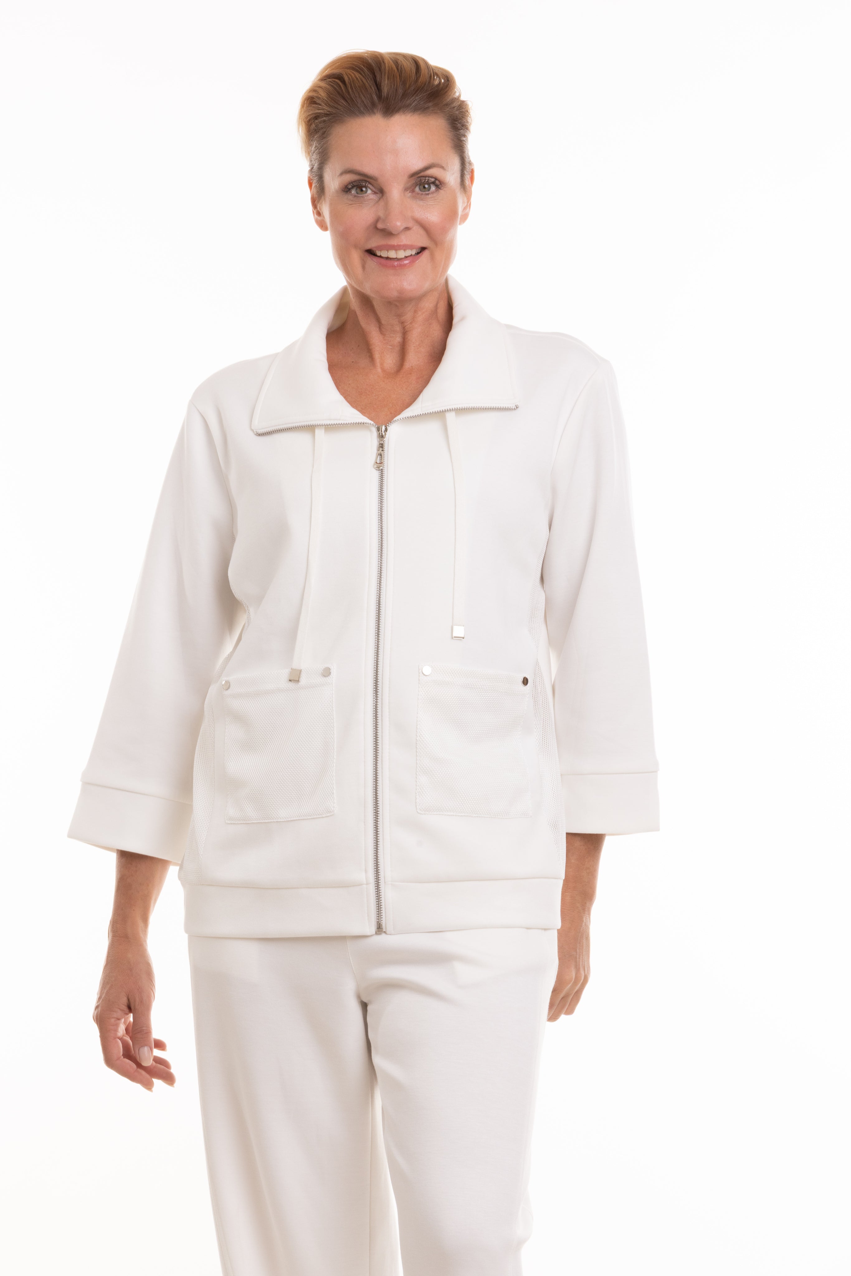 White Summer Staple Zip Front Jacket from Nulook Fashions, lightweight outerwear with front pockets and zipper closure